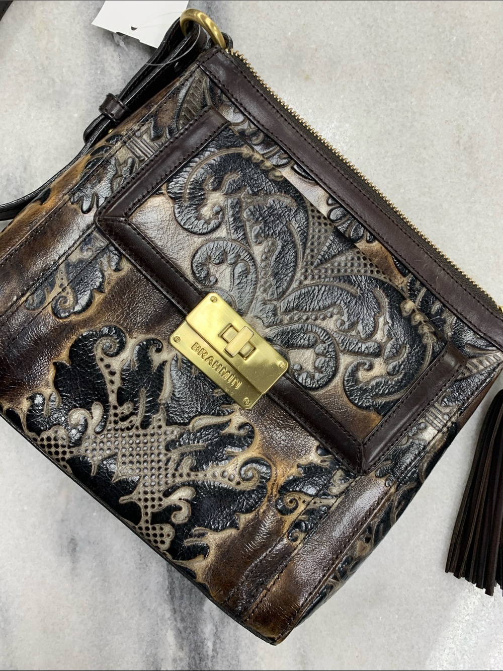 Brahmin Brown and Black Embossed Leather Crossbody with Tassel - Picture 2 of 10